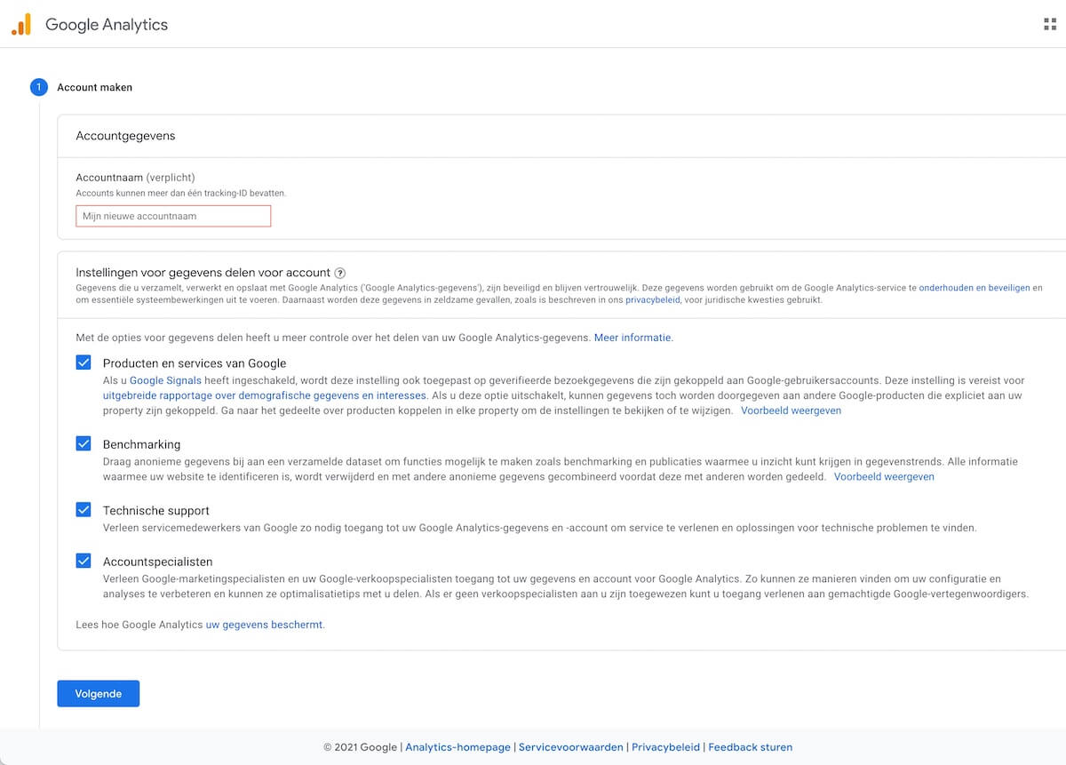Google Analytics accountgegevens invullen