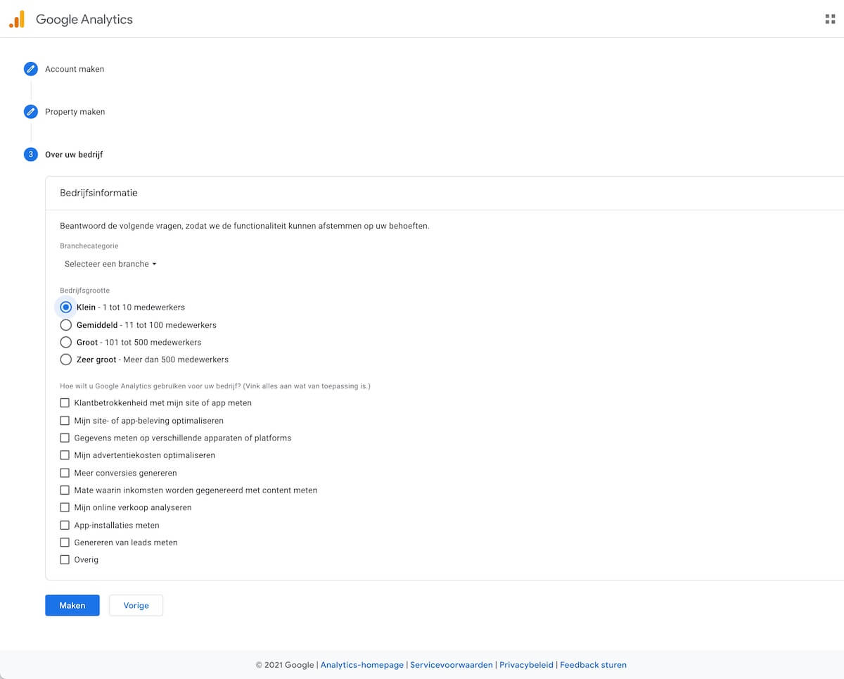 Google Analytics bedrijfsinformatie invullen