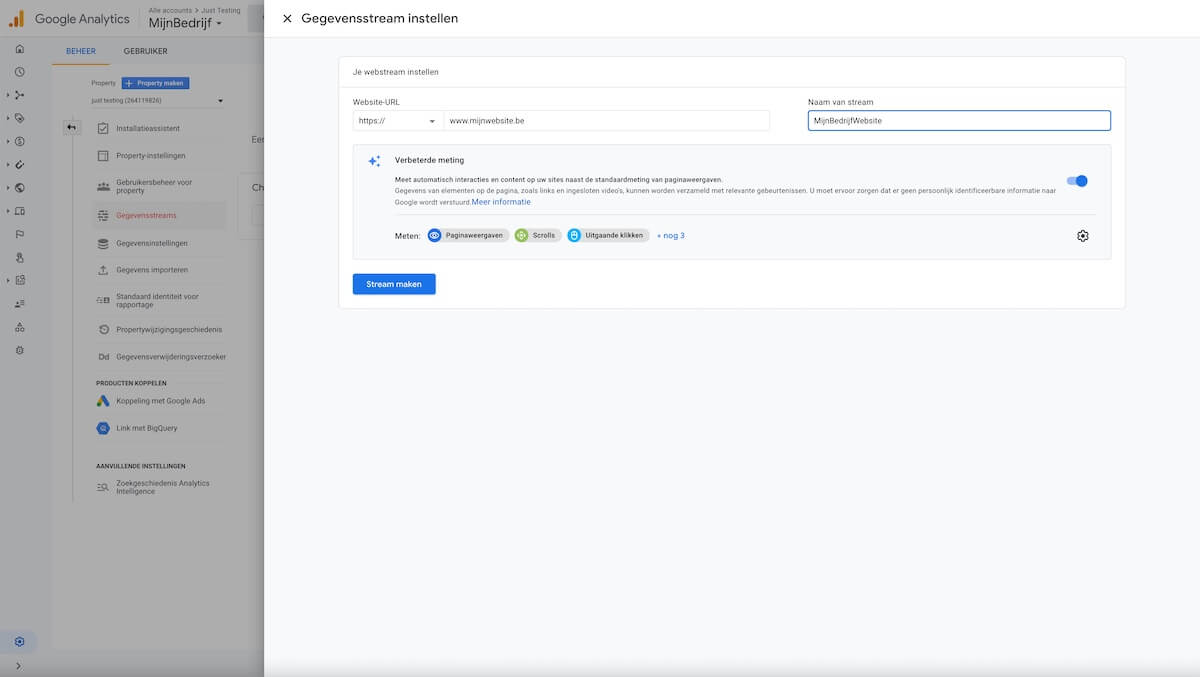 Google Analytics gegevensstream maken